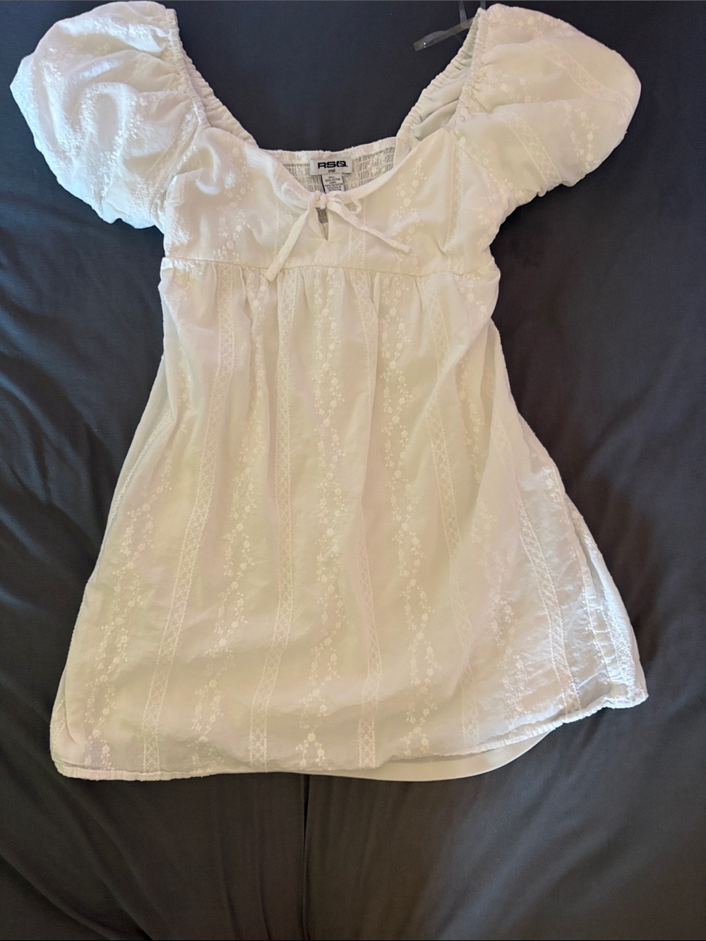 RSQ White Eyelet Puff-Sleeve Mini Dress with Bow Accent